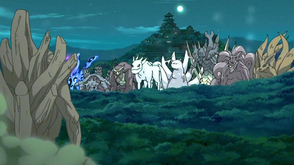 すべての尾獣は人柱力と集まり外道魔像を破壊するために力を合わせます|All tailed beast & Jinchuriki work together to destroy Gedo Statue